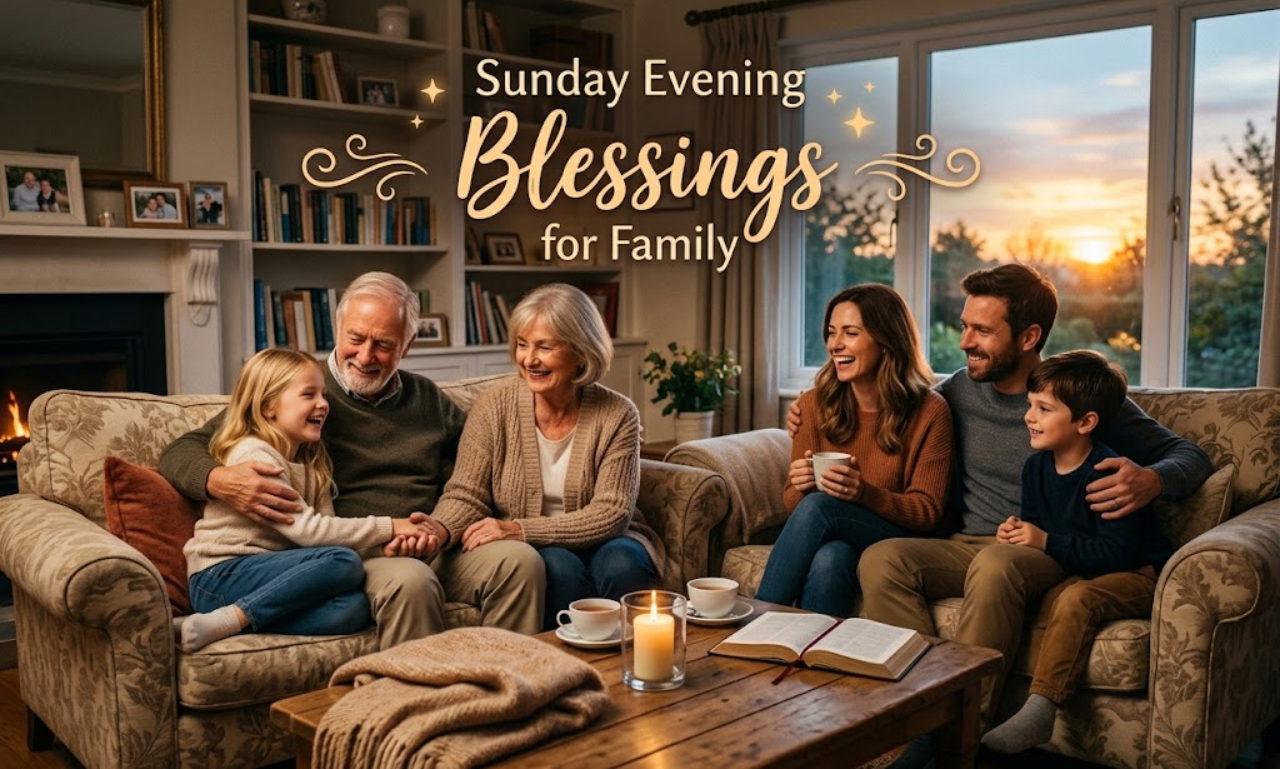 Warm Sunday evening blessings for family gathering in a cozy living room with glowing sunset light.