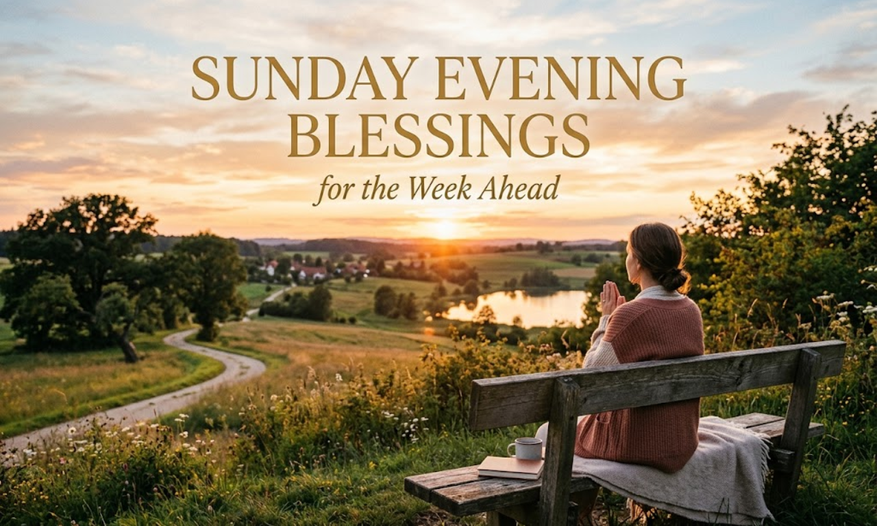 Woman sitting on a wooden bench enjoying a peaceful sunset over a countryside landscape with text reading Sunday Evening Blessings for the Week Ahead