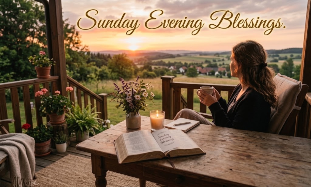 A woman sitting on a wooden porch holding a mug and watching the sunset, with an open book displaying the text "Sunday Evening Blessings".