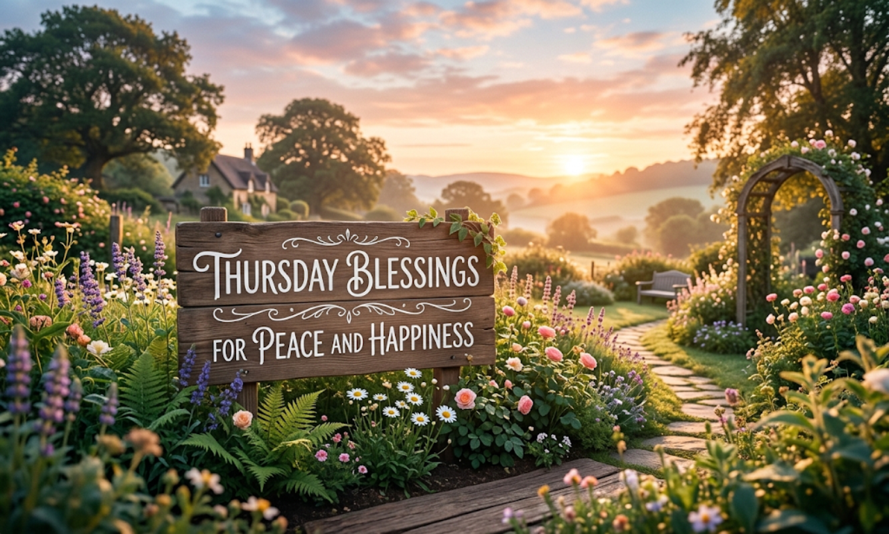 Thursday Blessings for Peace and Happiness sign set in a colorful flower garden at morning sunrise.