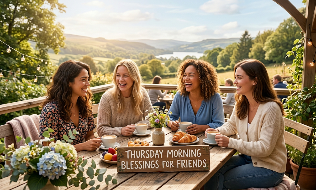 Four women sitting at a wooden outdoor patio table enjoying coffee and pastries with scenic green hills in the background.