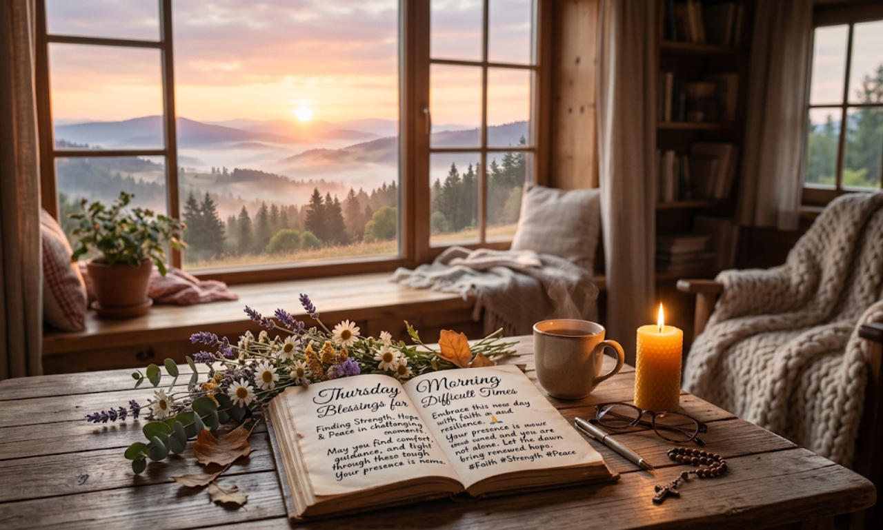 Thursday Morning Blessings for Difficult Times text written on a journal beside a window with a sunrise view.