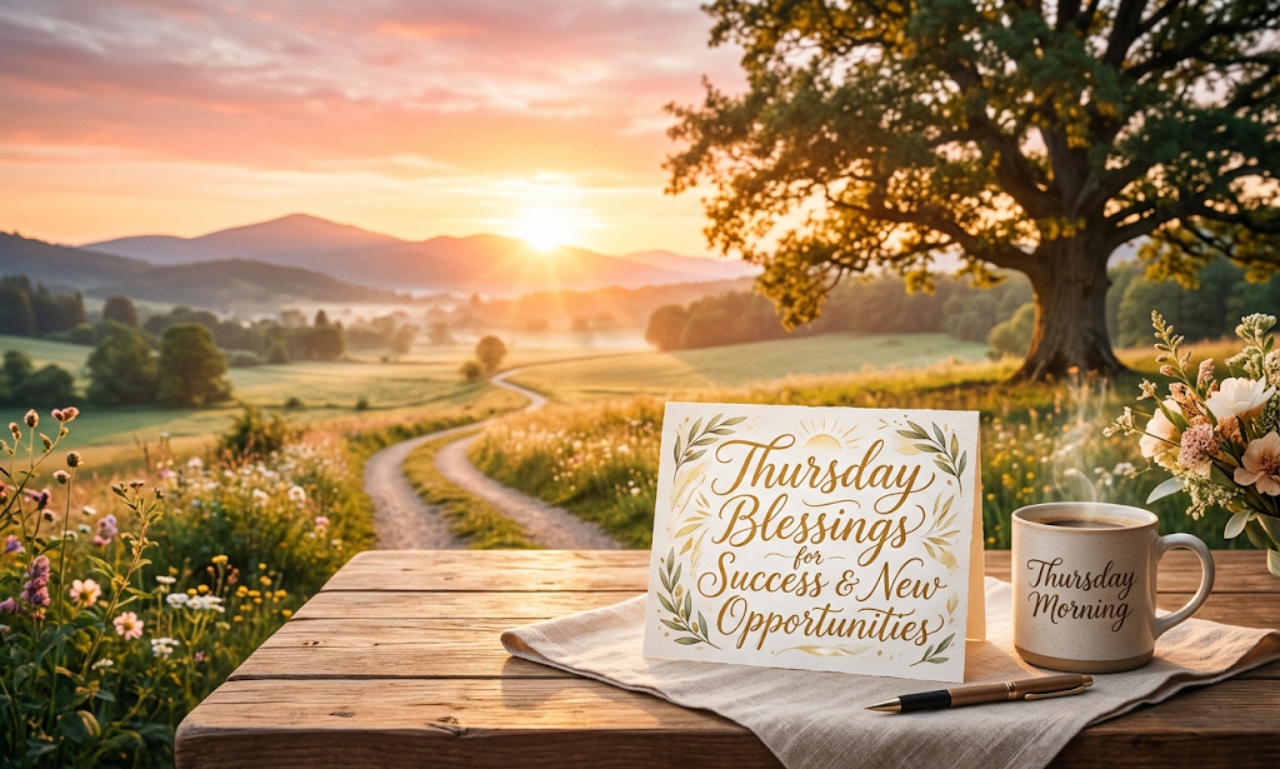 Thursday Blessings for Success & New Opportunities card displayed on a rustic table in a sunny meadow.