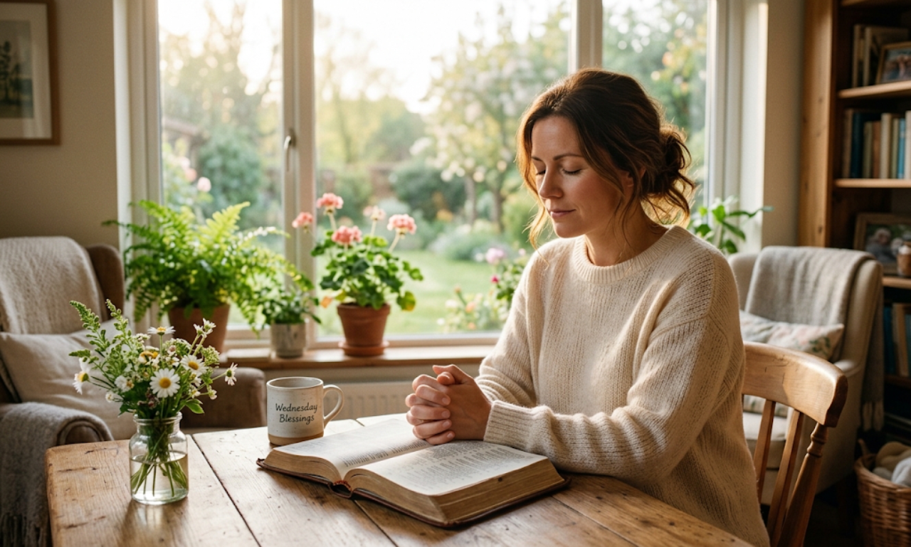 Woman praying with open Bible and coffee mug labeled Wednesday Blessings for morning inspiration and strength.