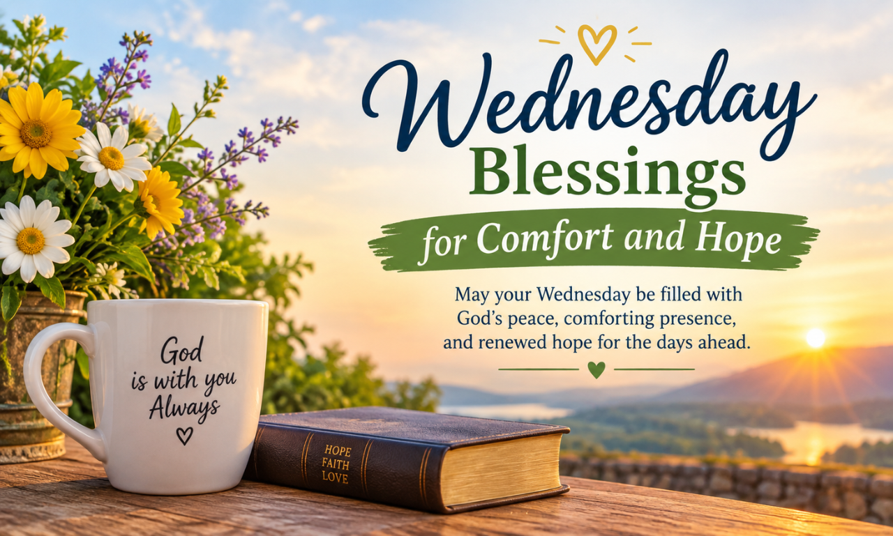 Wednesday Blessings for Comfort and Hope with a sunrise landscape, colorful flowers, a coffee mug reading “God is with you Always,” and a devotional book labeled “Hope Faith Love,” accompanied by a prayer for God’s peace, comfort, and renewed hope.