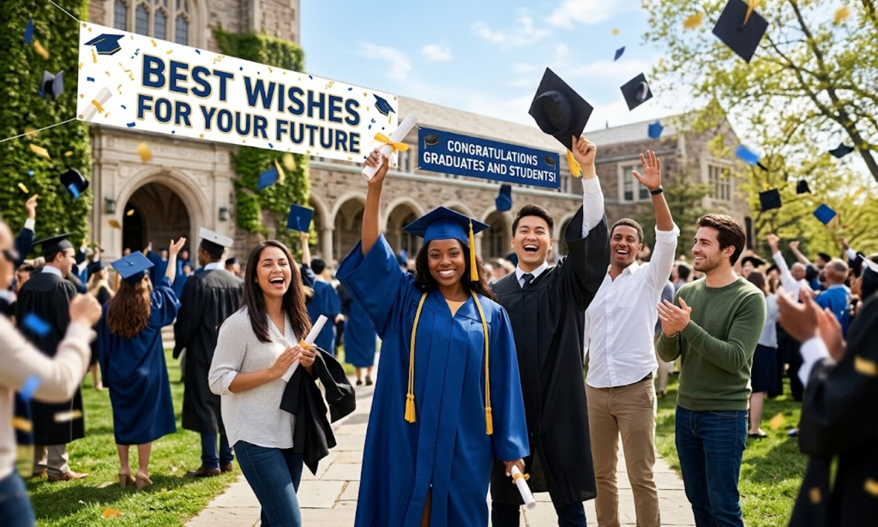 Graduates tossing caps in the air with a banner reading Best Wishes for Your Future.