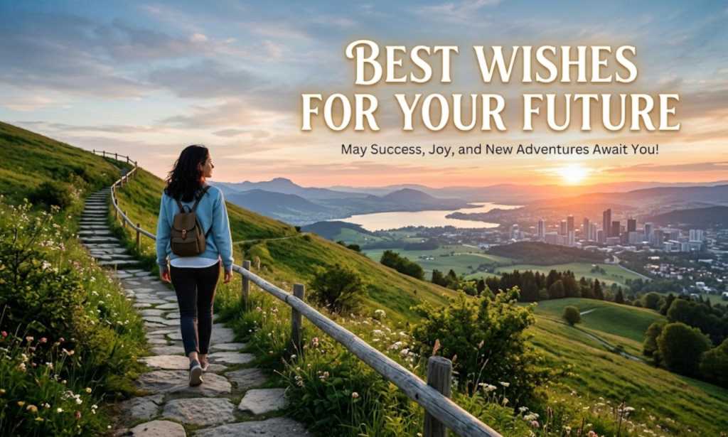 Person walking along a scenic mountain trail toward a bright sunrise overlooking a city, with text reading "Best Wishes For Your Future".