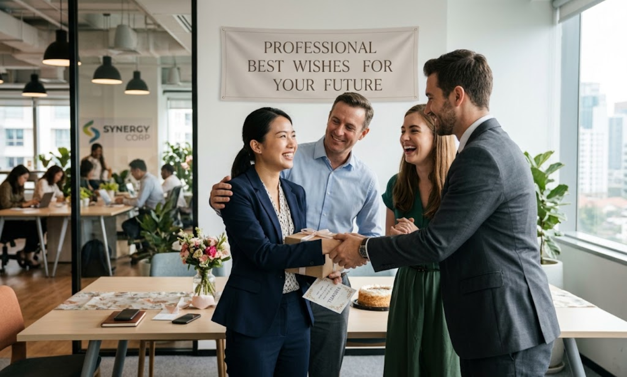 Colleagues shaking hands and handing a gift during a professional best wishes for the future farewell gathering.