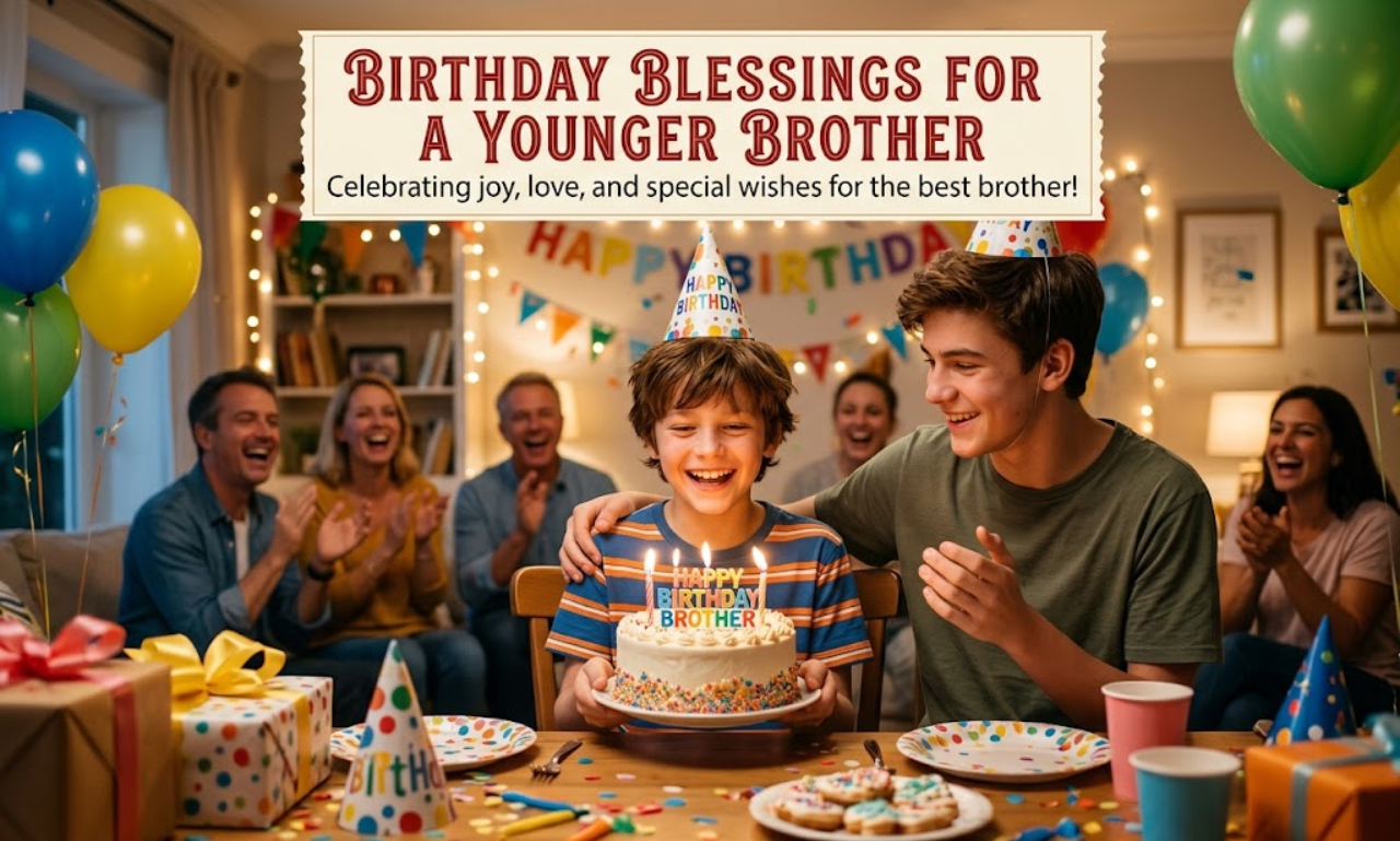 A joyful family celebrating a younger brother's birthday party with a cake, balloons, and gifts, featuring the text Birthday Blessings for a Younger Brother
