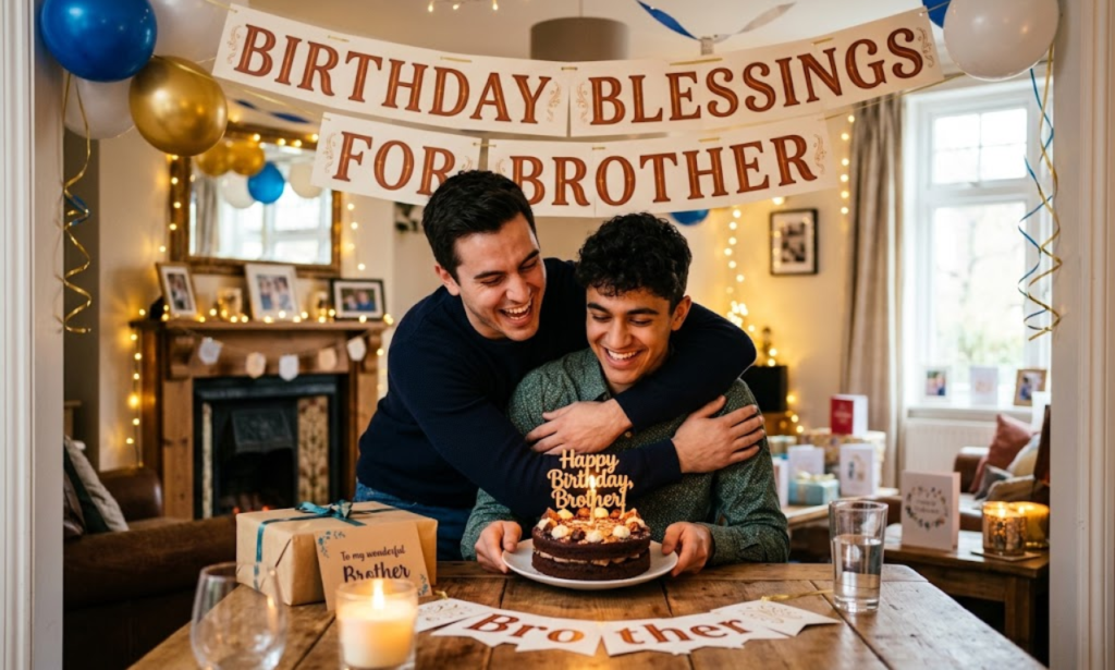 Two brothers celebrating with a birthday cake and decorations, representing birthday blessings for a brother.
