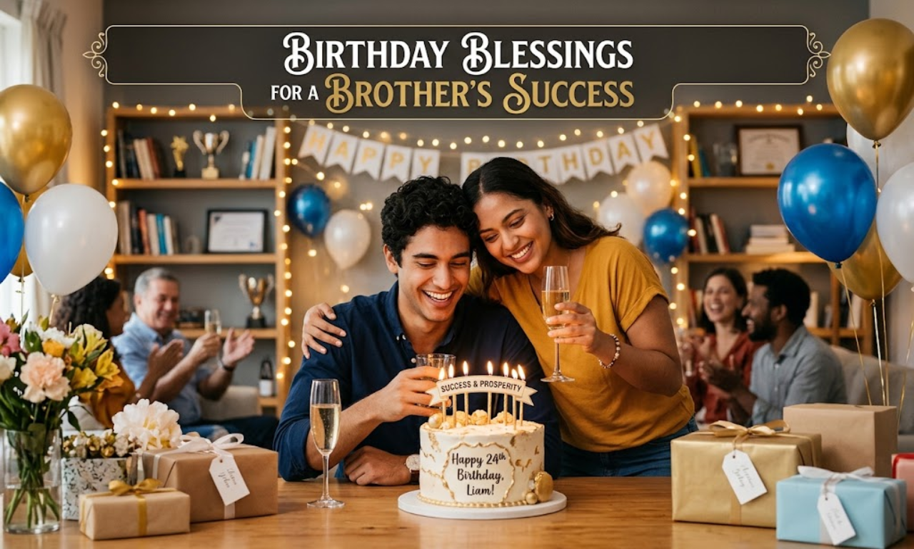 "A sister wishing her brother a happy birthday with a cake, gifts, and balloons for 'Birthday Blessings for a Brother's Success'."