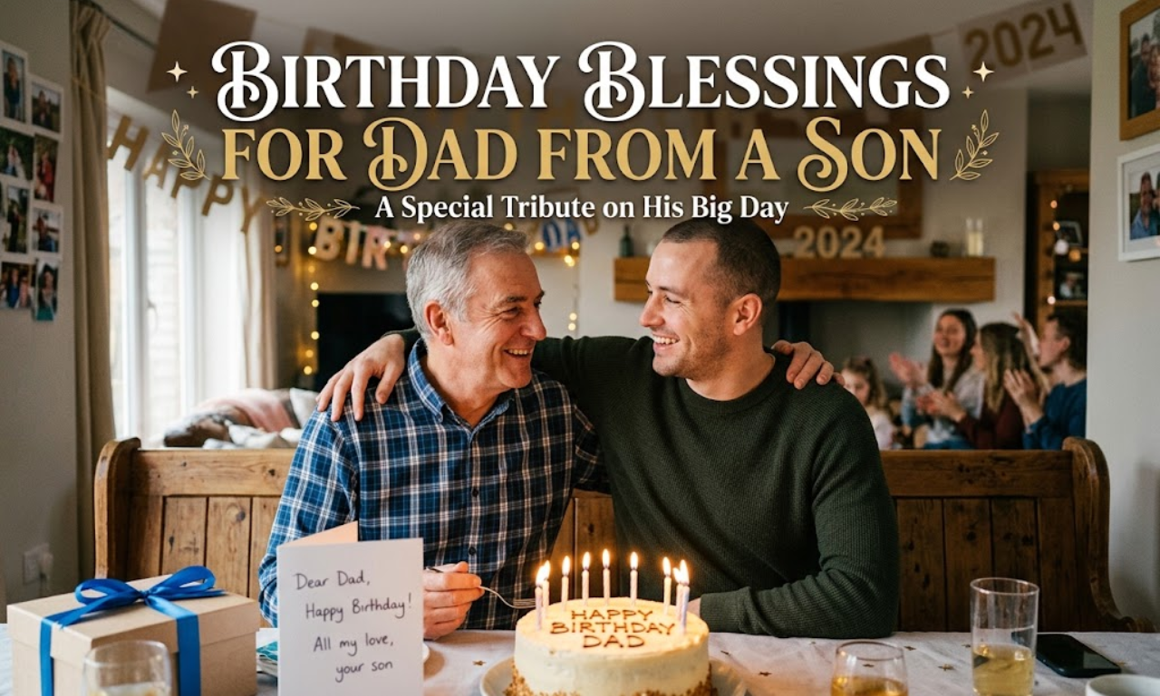 Warm birthday blessings for dad from a son header image featuring a father and son sharing a joyful birthday celebration.