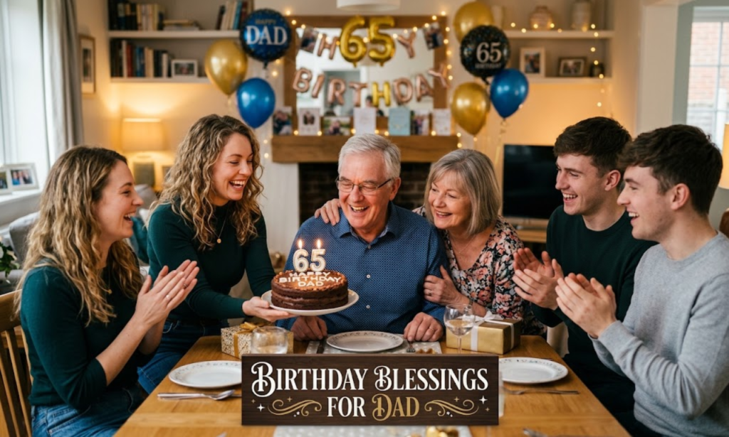 "Warm family birthday celebration for father with lit cake, balloons, and Birthday Blessings for Dad title card"