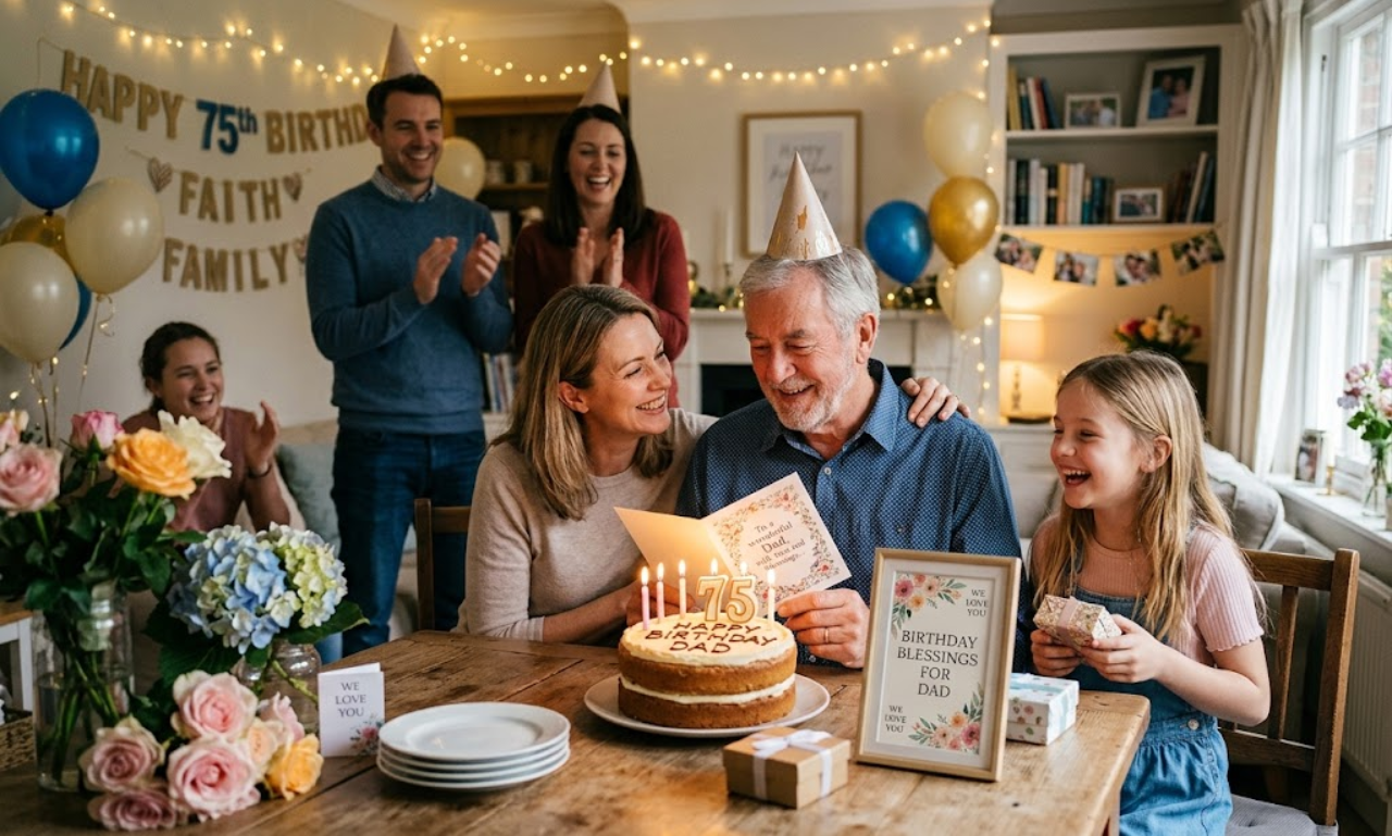 An elderly father surrounded by his smiling family, opening a birthday card seated in front of a cake with glowing candles and a framed sign reading "Birthday Blessings for Dad."