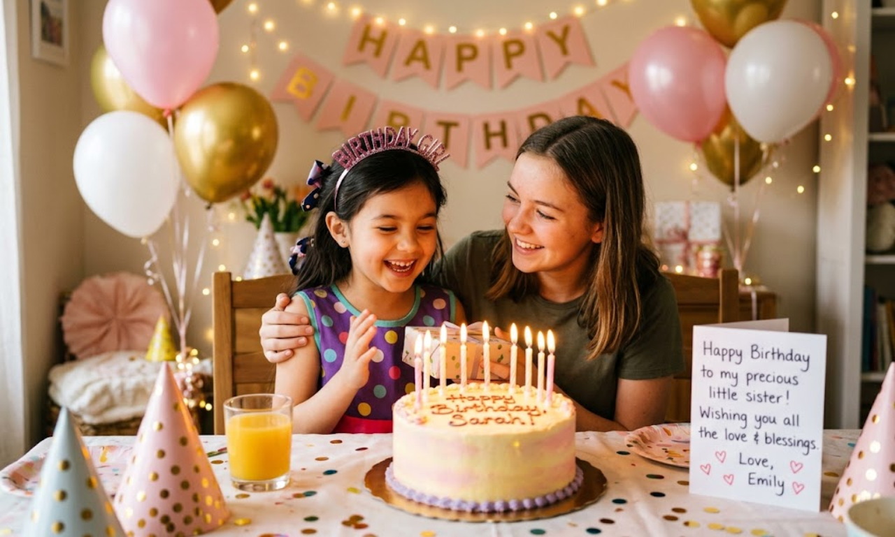 Happy birthday blessings for a younger sister with a decorated cake, balloons, and a heartfelt greeting card.