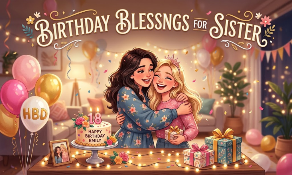 Two sisters hugging at a birthday party with a cake, balloons, and gifts, under text reading Birthday Blessings for Sister