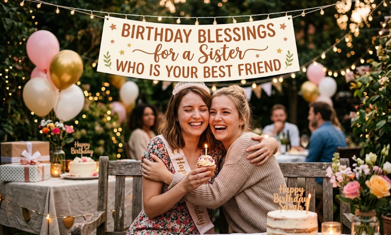 two smiling sisters hugging at a outdoor birthday celebration with banner reading birthday blessings for a sister who is your best friend