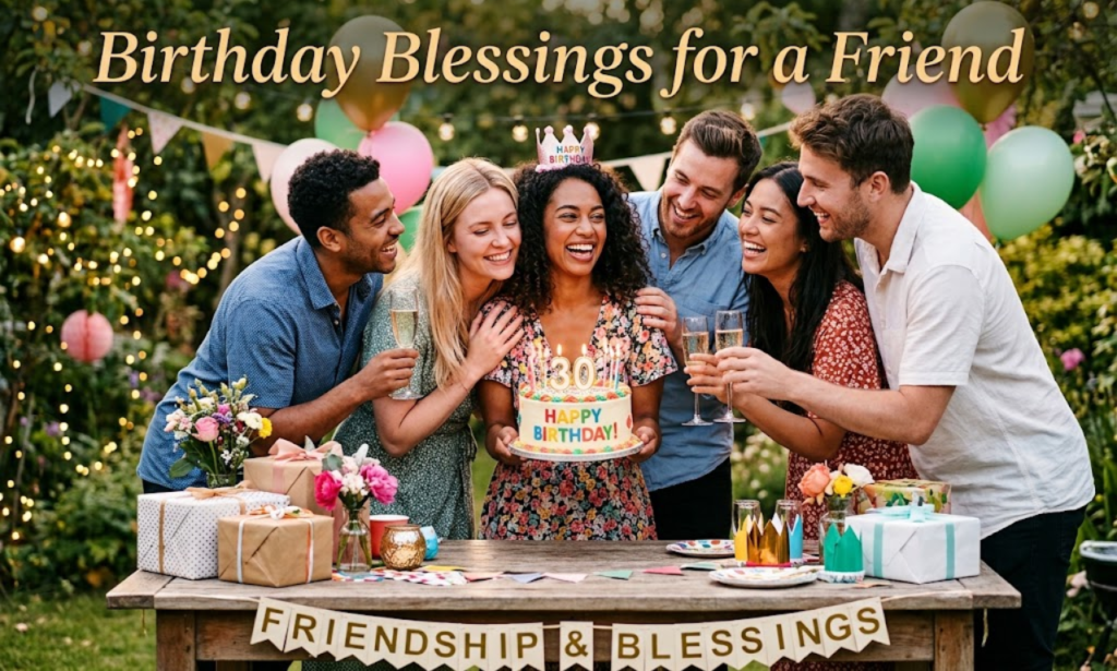 Group of happy friends celebrating at an outdoor birthday party with cake and gifts, featuring the title "Birthday Blessings for a Friend".