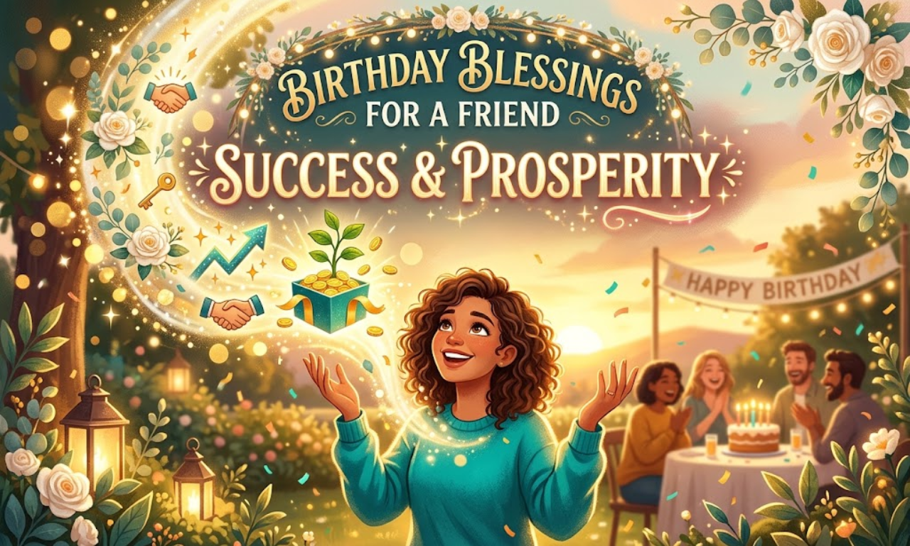 A woman surrounded by glowing icons, with the text 'Birthday Blessings for a Friend: Success and Prosperity' above her.