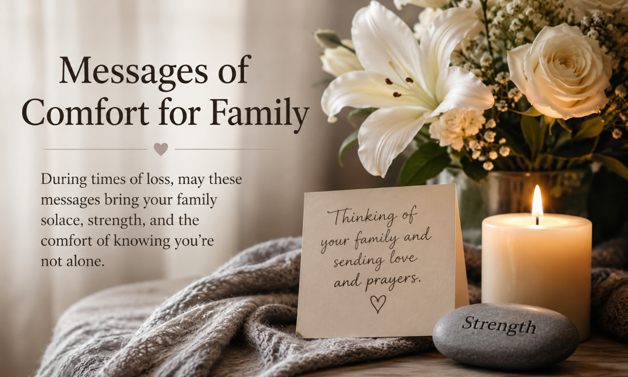 Messages of comfort for family card next to burning candle white lilies and strength stone