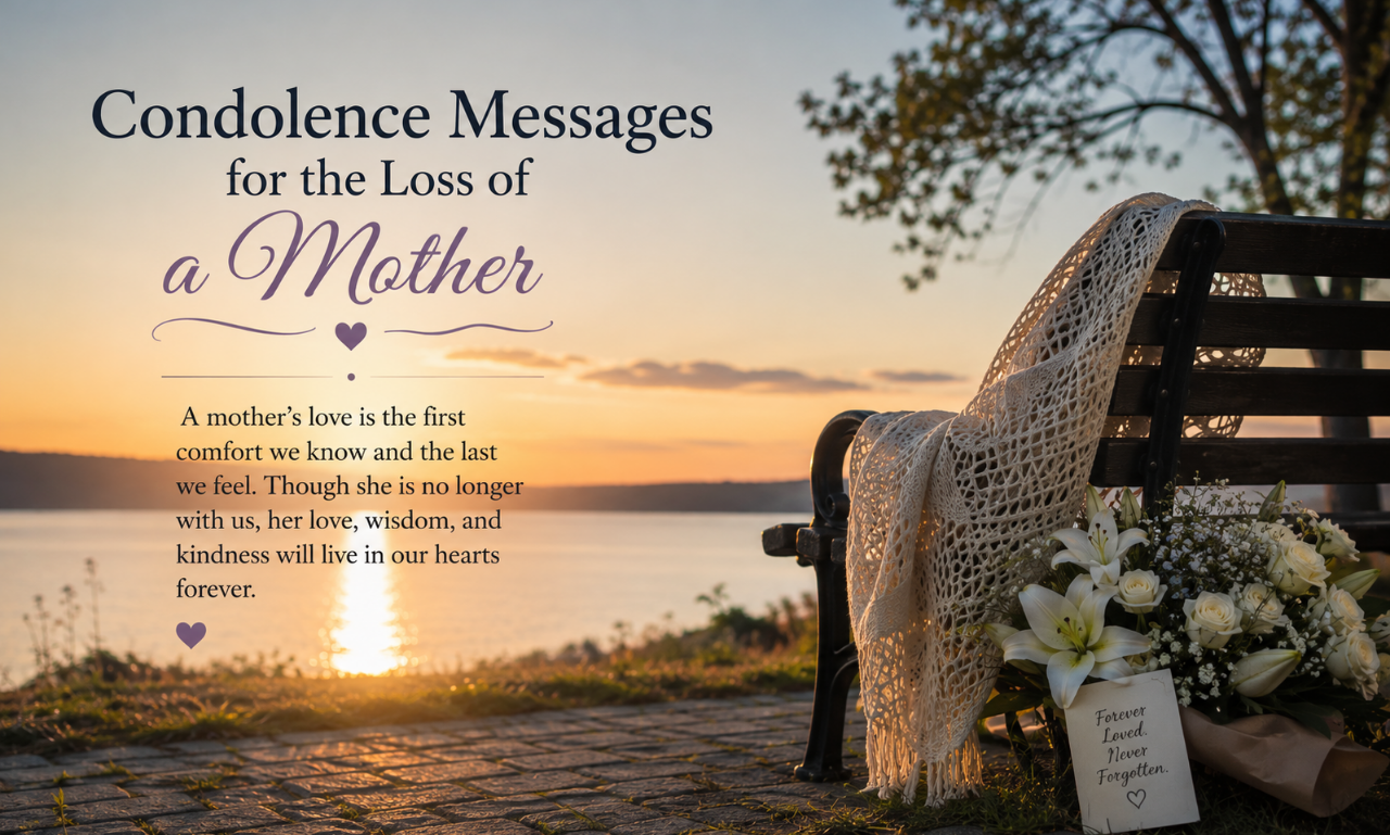 Condolence messages for the loss of a mother card on park bench beside memorial white flowers