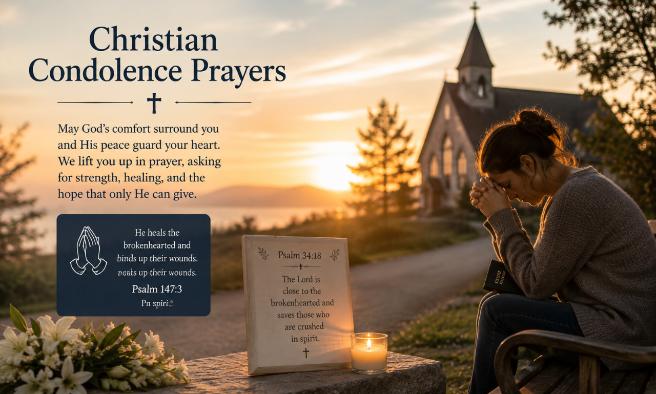 Christian condolence prayers image showing woman holding Bible and praying near church at sunset