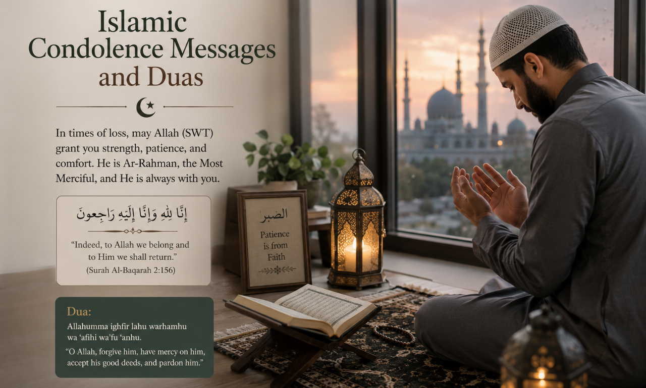 Islamic condolence messages and duas graphic with Muslim man praying near window facing mosque