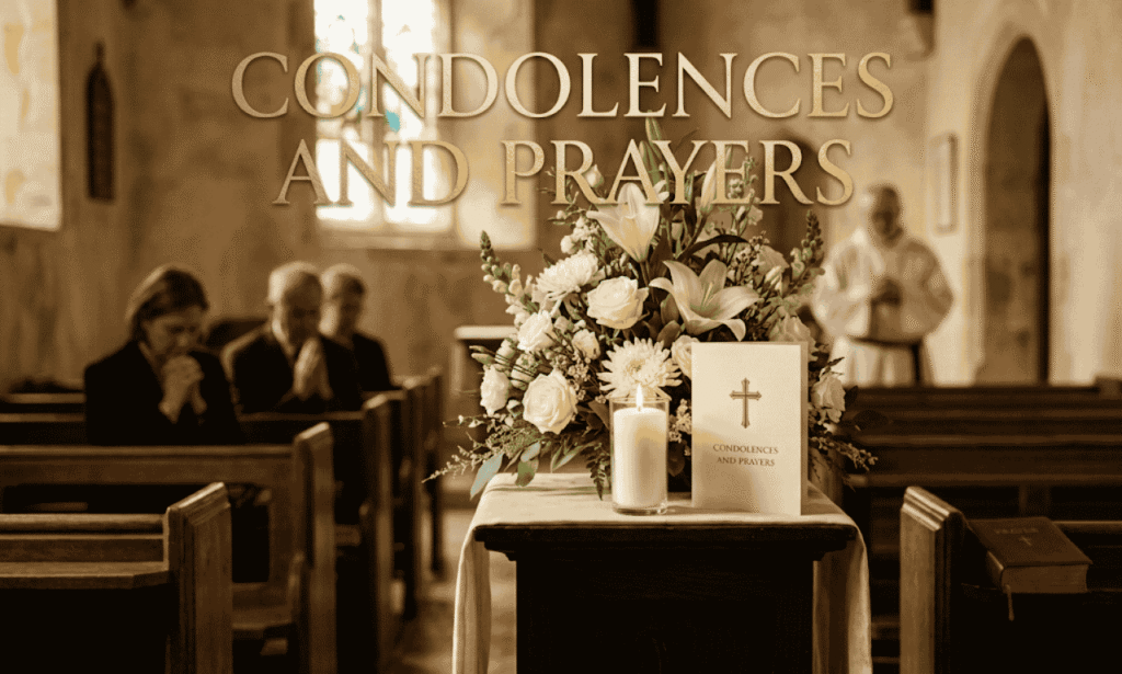 Condolences and prayers with a candle, white lilies, rose, and memorial heart.