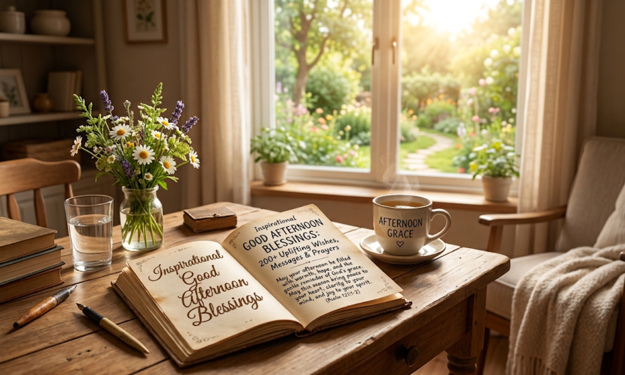 A happy family sitting around an open Bible outdoors with text overlay reading Christian Good Afternoon Blessings.