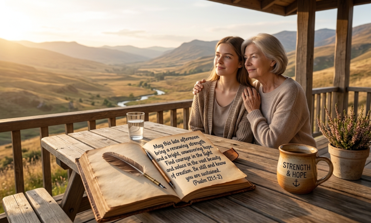 Two women sitting on a porch overlooking a valley near an open book with an uplifting late afternoon blessing message.