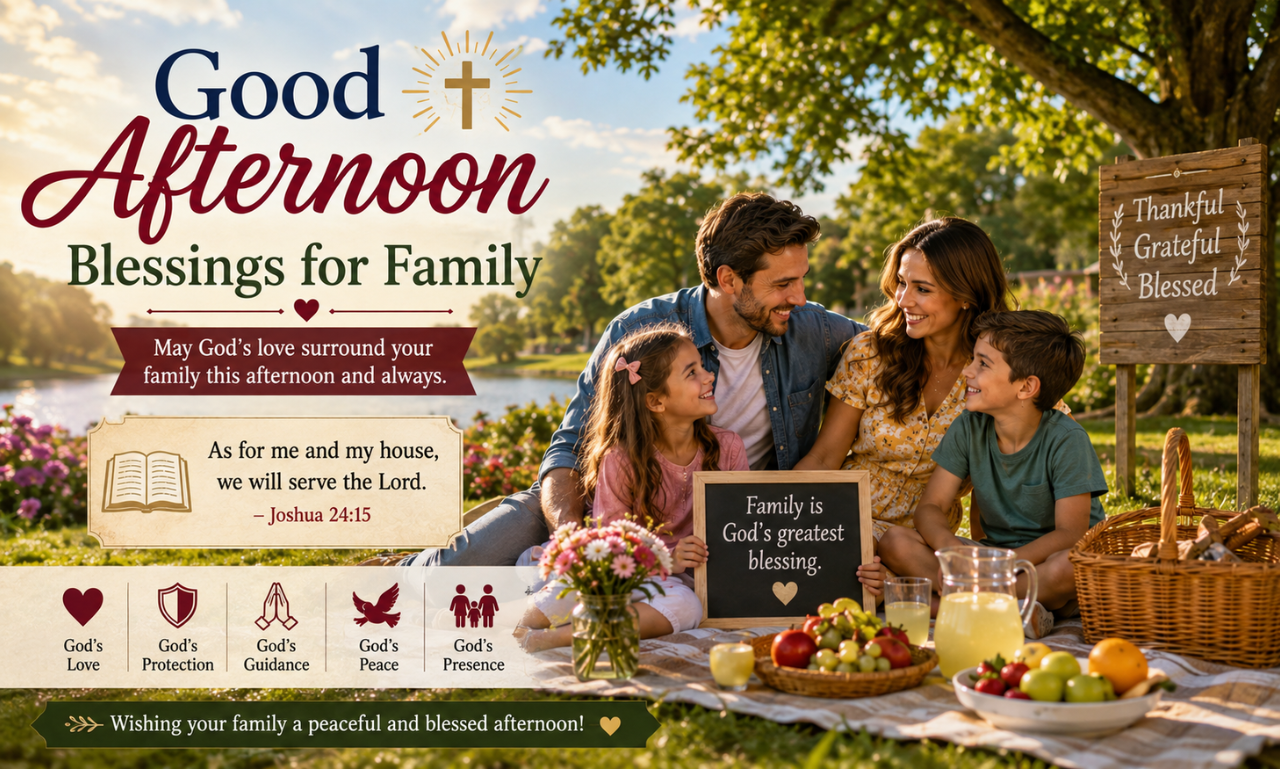 A family having a sunny outdoor picnic on the grass with text overlay reading Good Afternoon Blessings for Family.