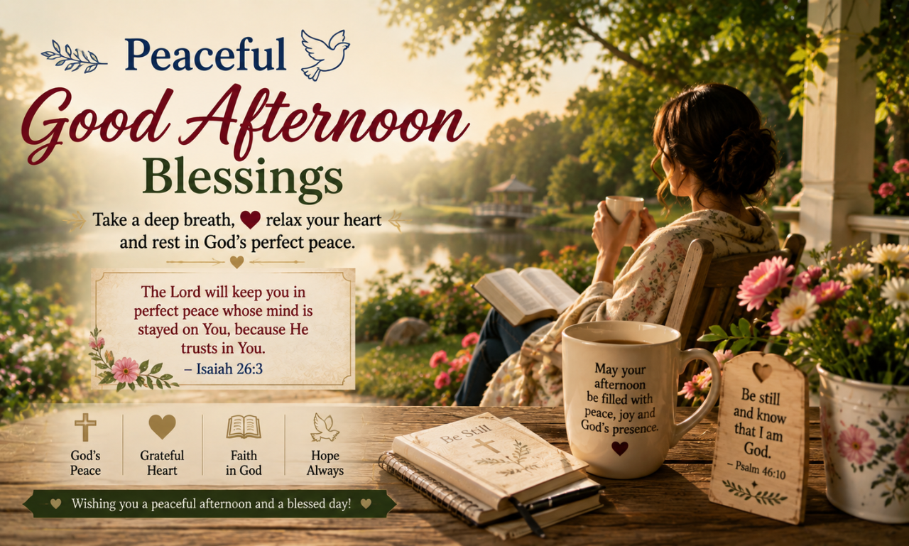 A woman sitting on a cozy porch enjoying coffee by a lake with text overlay reading Peaceful Good Afternoon Blessings.