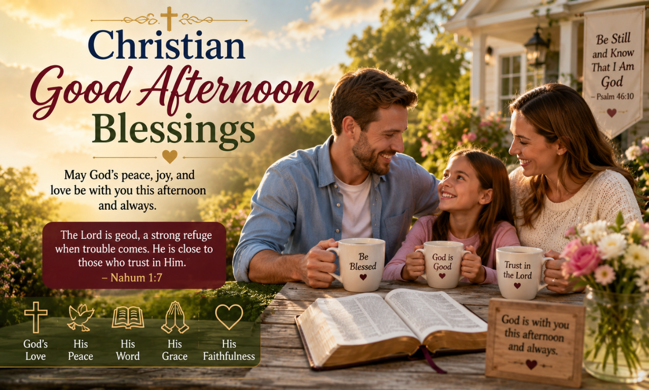 A happy family sitting around an open Bible outdoors with text overlay reading Christian Good Afternoon Blessings.