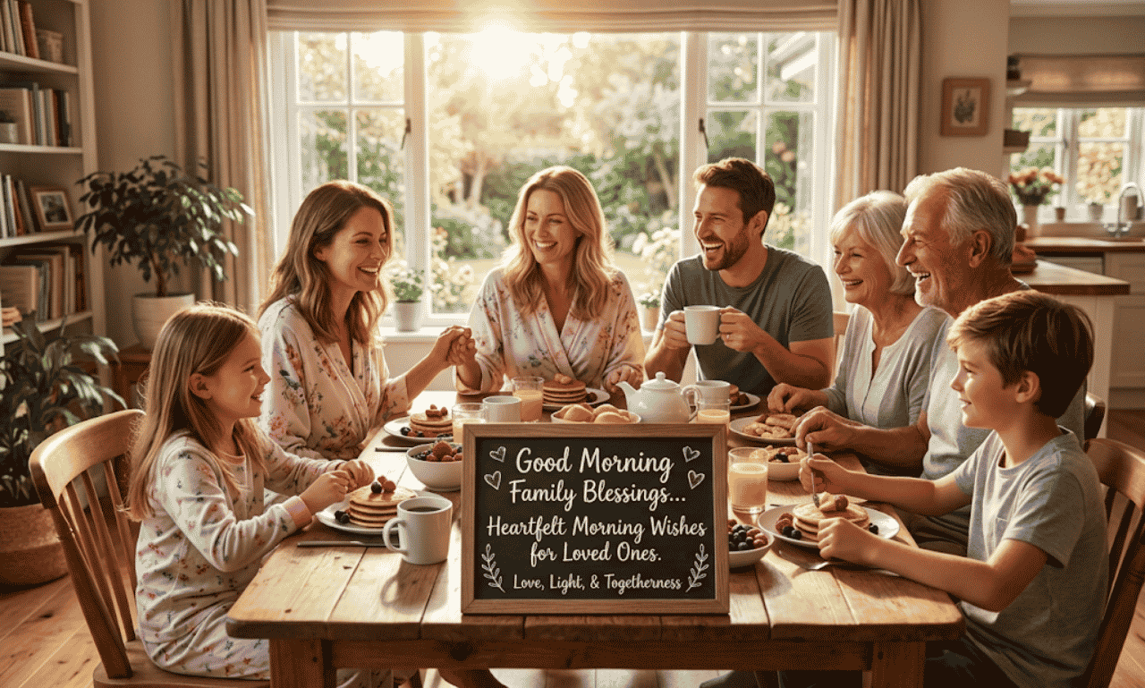 A family sitting together at a wooden dining table enjoying breakfast with a small framed blackboard sign reading Good Morning Family Blessings: Heartfelt Morning Wishes for Loved Ones.
