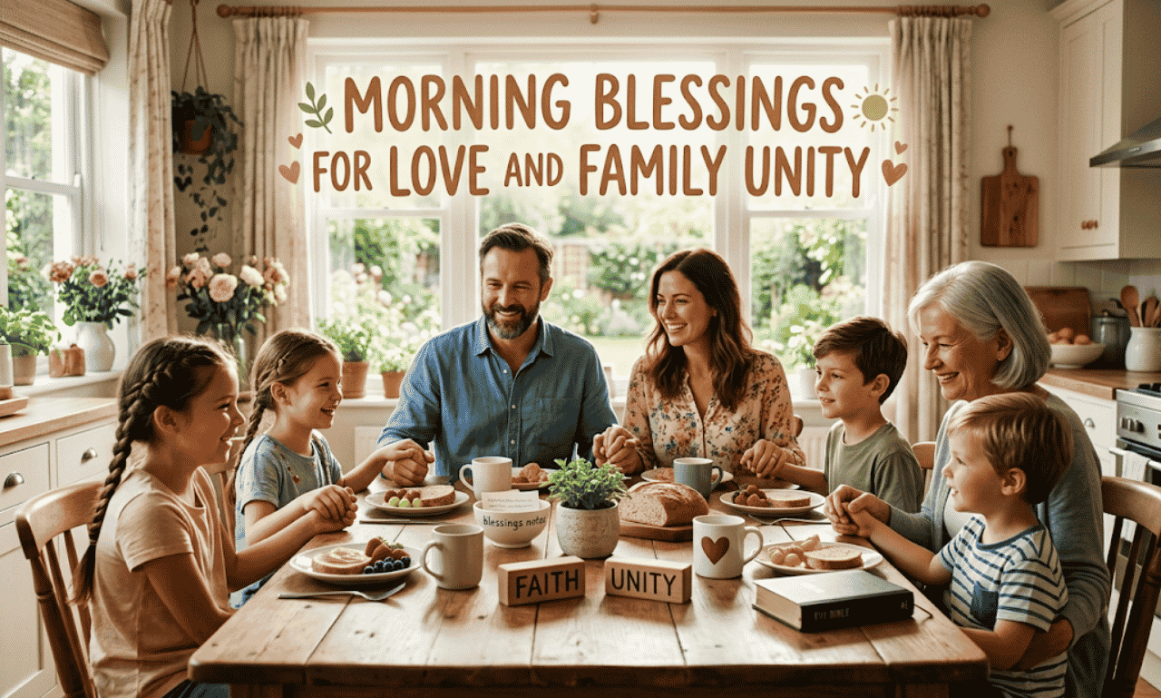 A multi-generational family sitting around a table holding hands during a morning prayer with text overlay reading Morning Blessings for Love and Family Unity.