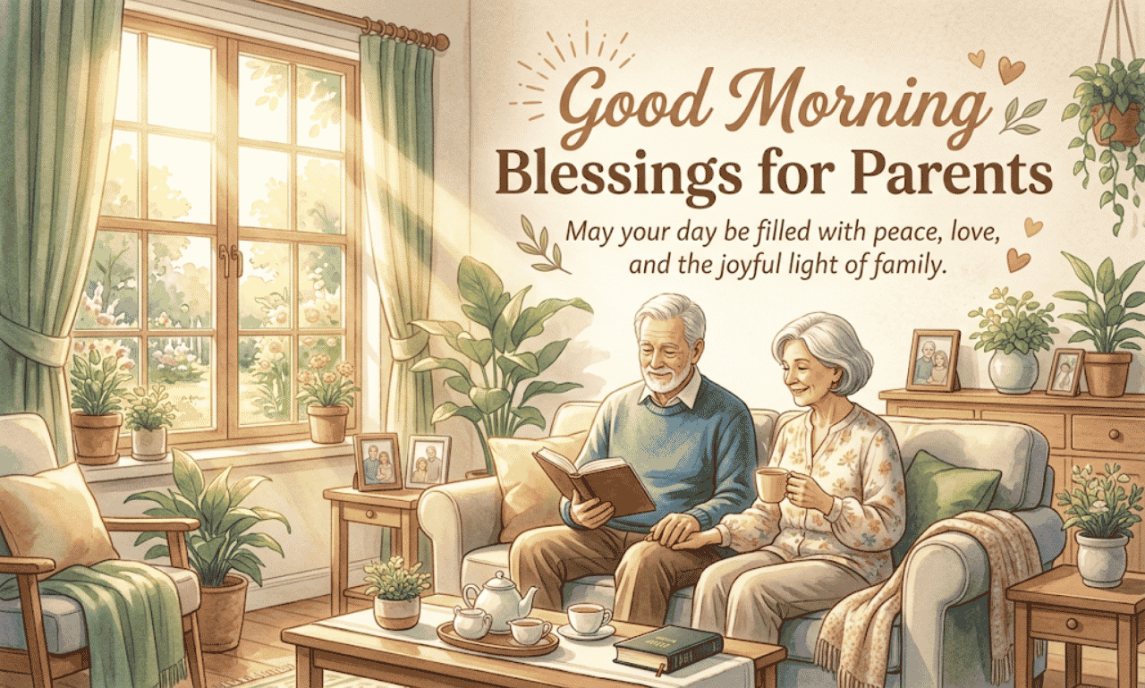 An elderly couple relaxing on a living room sofa near a sunlit window with tea and books, accompanied by text overlay reading Good Morning Blessings for Parents.