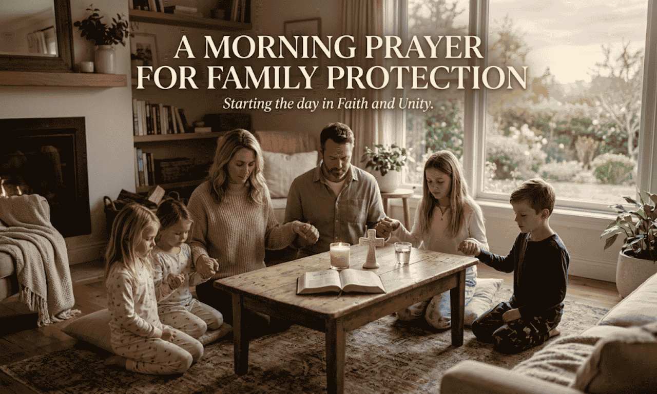A family sitting in a circle holding hands in prayer around a wooden coffee table with an open Bible and cross, accompanied by text overlay reading A Morning Prayer for Family Protection: Starting the day in Faith and Unity