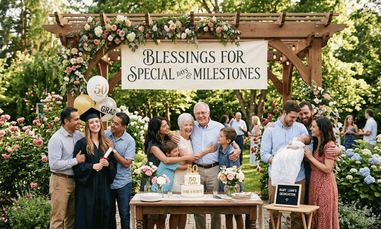 A family celebrating milestones under a floral pergola in a garden setting with a banner reading Blessings for Special Days & Milestones.