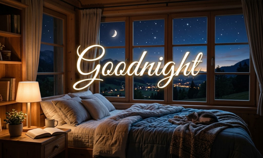 “Good Night Blessings and Quotes graphic featuring a peaceful moonlit lake, starry night sky, glowing lantern, flowers, and a message about peace, hope, and restful sleep.”