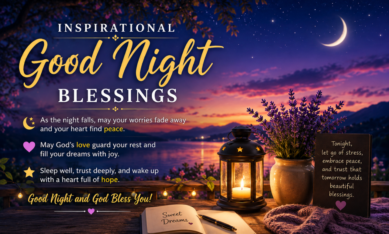 A glowing lantern and lavender pot on a outdoor balcony table under a twilight crescent moon with text overlay reading Inspirational Good Night Blessings.