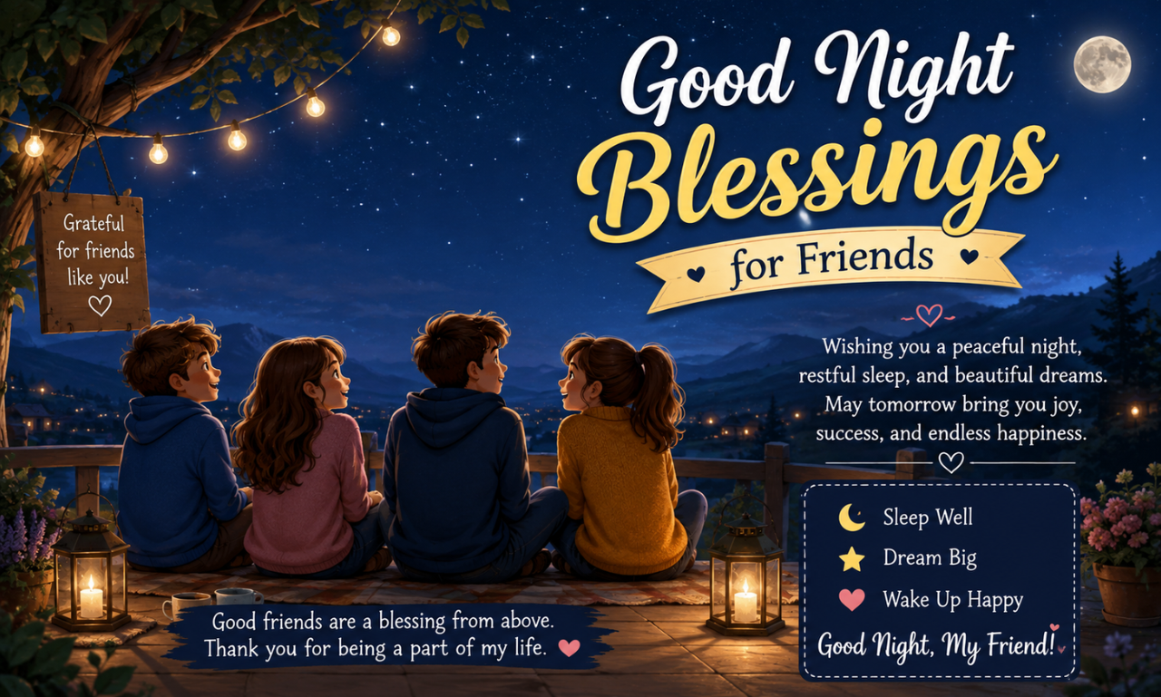 Four friends sitting on an outdoor terrace under string lights stargazing at night with text overlay reading Good Night Blessings for Friends.