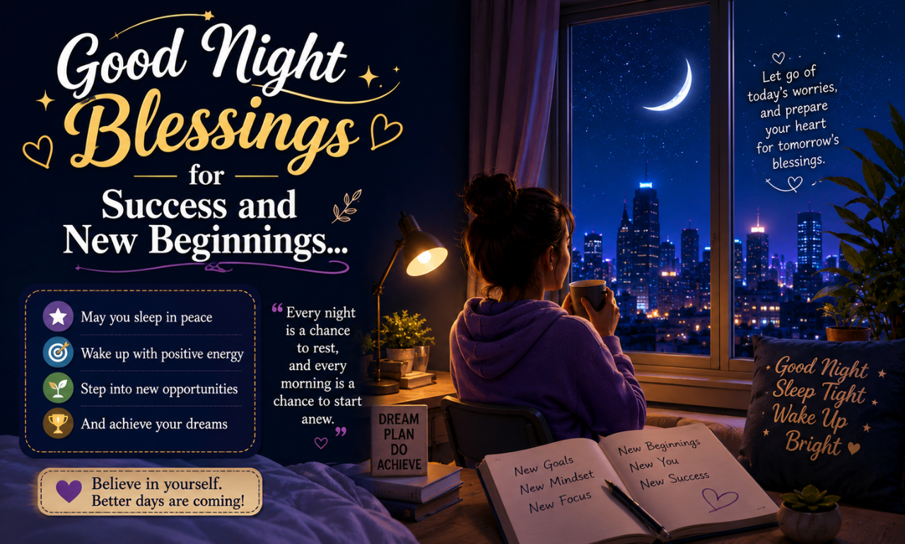 A woman sitting near a high-rise window looking at a illuminated city skyline with text overlay reading Good Night Blessings for Success and New Beginnings.
