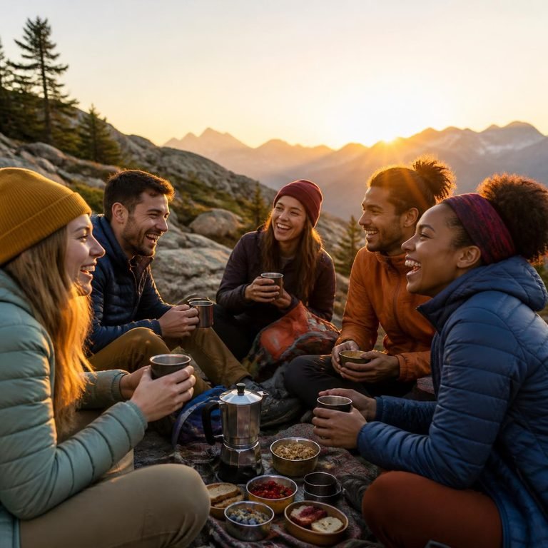 Good morning blessings with friends enjoying morning coffee picnic during outdoor mountain sunrise