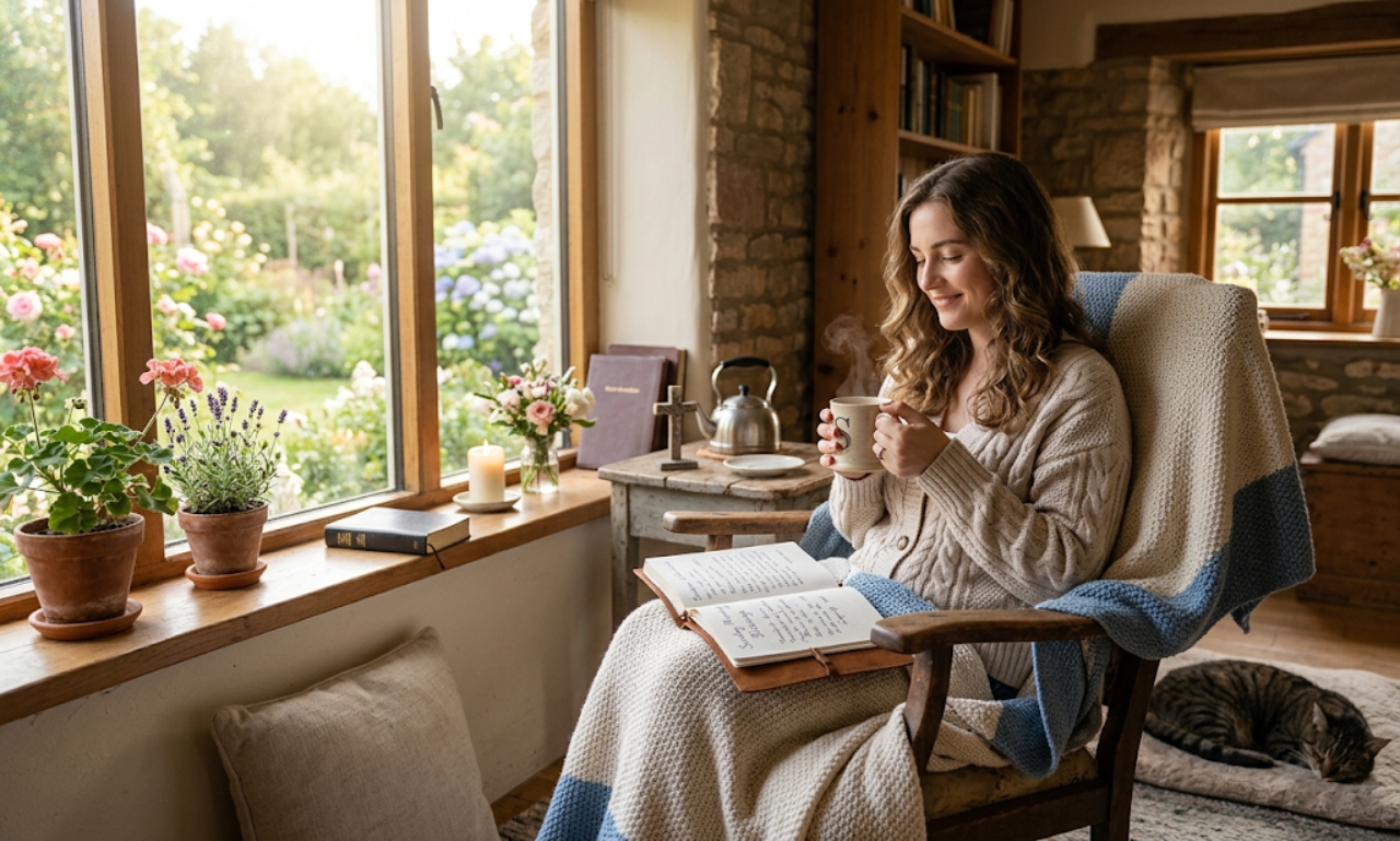 A woman smiling in a cozy armchair holding a mug and journal near a sunlit window overlooking a lush garden.