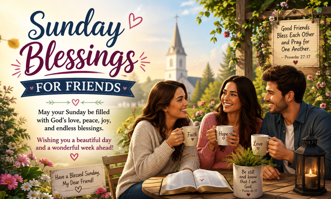 Three friends sharing coffee and holding mugs outside near a church with text overlay reading Sunday Blessings for Friends.