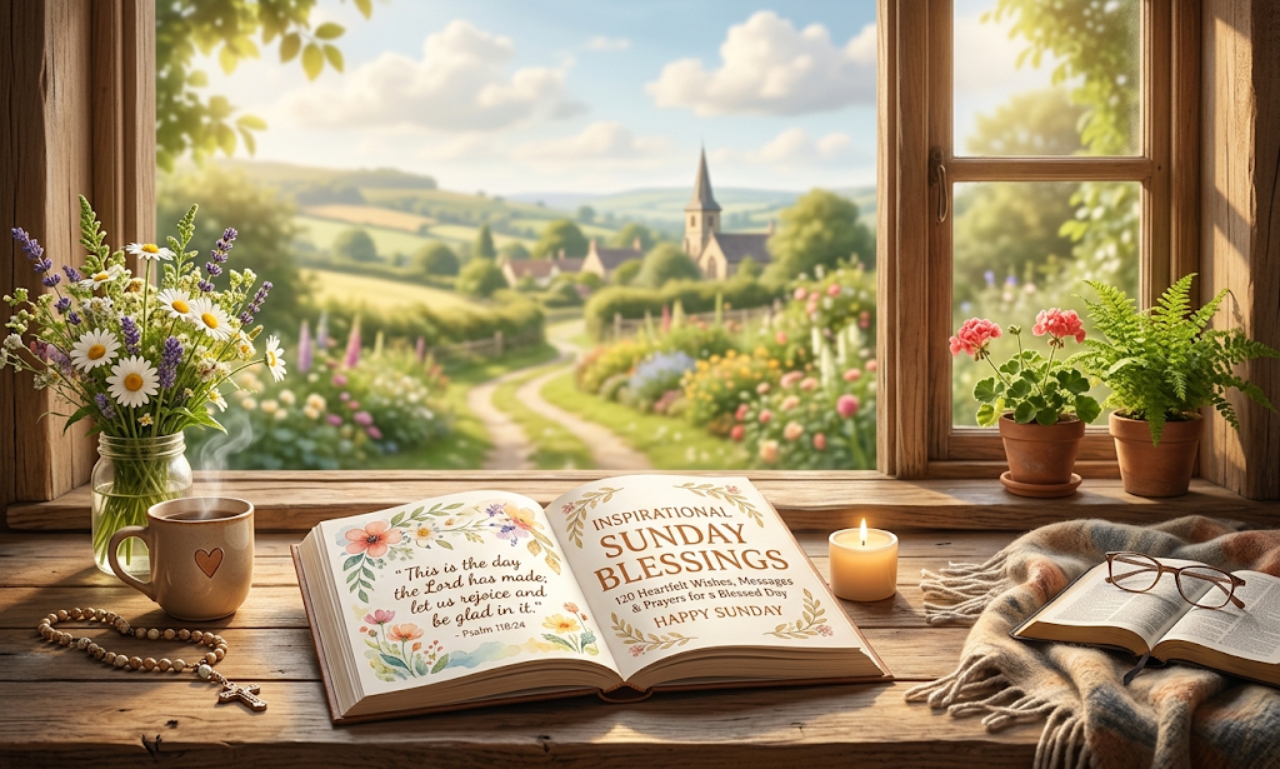 An open journal displaying Inspirational Sunday Blessings on a wooden window sill overlooking a village church and garden.