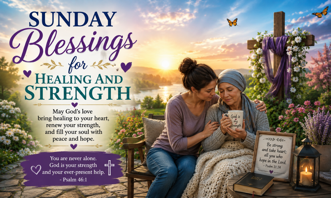 A woman comforting an older woman outdoors near a wooden cross with text overlay reading Sunday Blessings for Healing and Strength.
