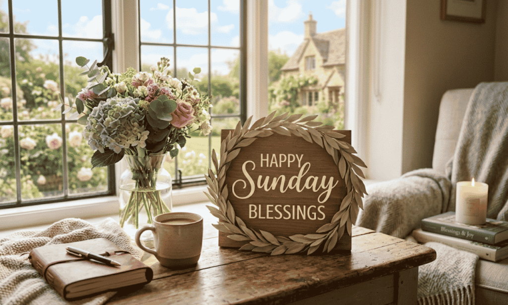 Happy Sunday Blessings graphic featuring an open Bible, flowers, coffee mug, wooden cross, and sunrise, with text reading “120 Heartfelt Wishes, Messages & Prayers.”