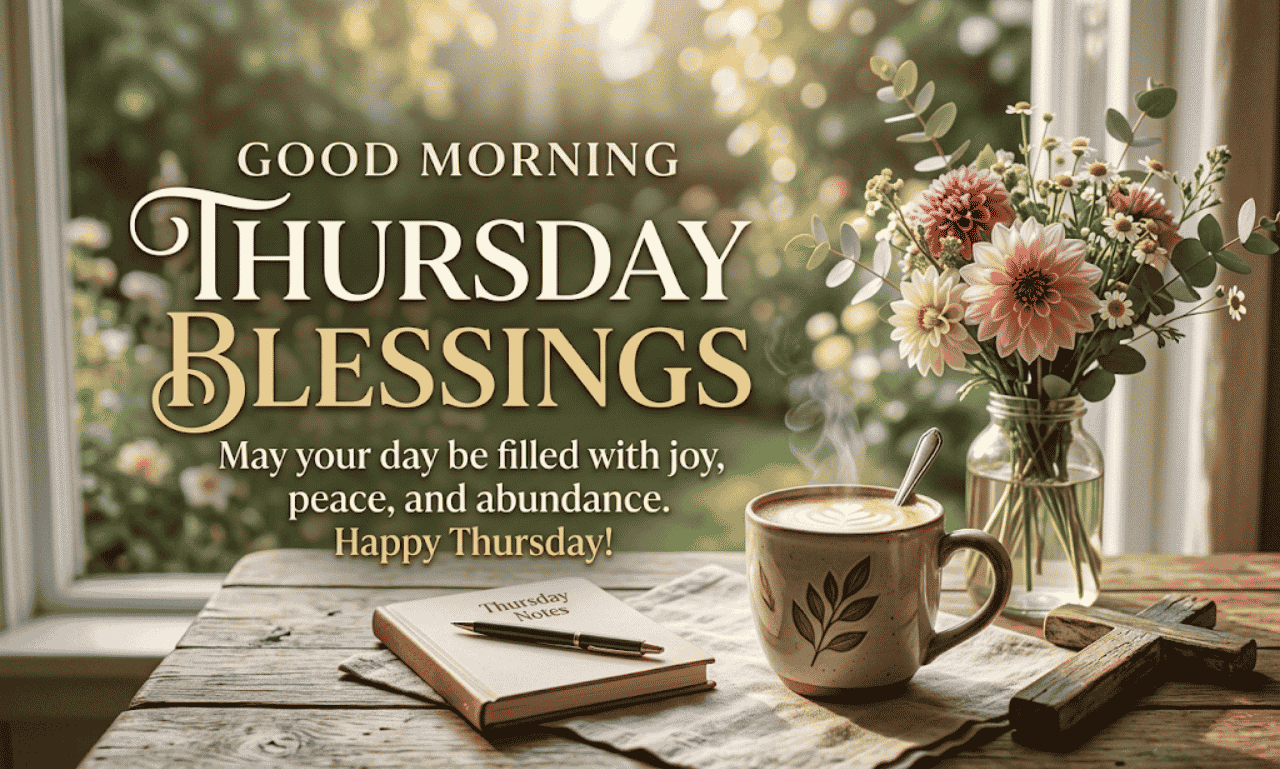 A coffee cup, open notebook, wooden cross, and fresh flowers on a rustic wooden table by a bright window.