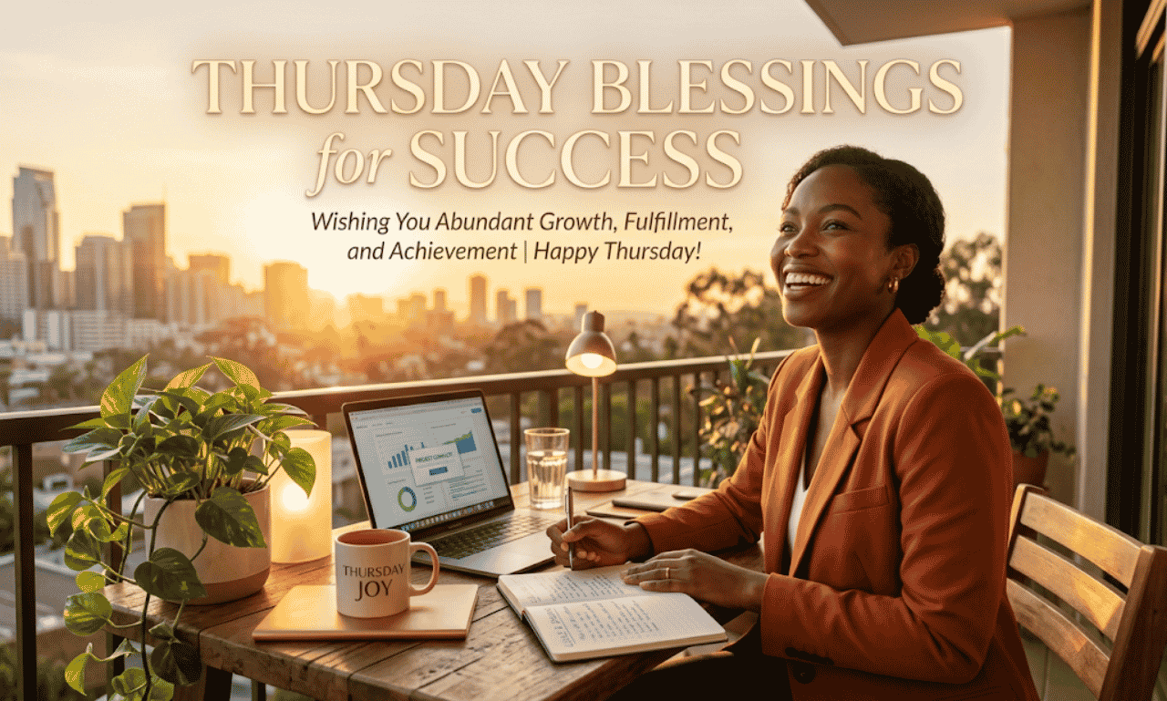 Thursday Blessings for Success graphic featuring a woman working on a balcony at sunrise.